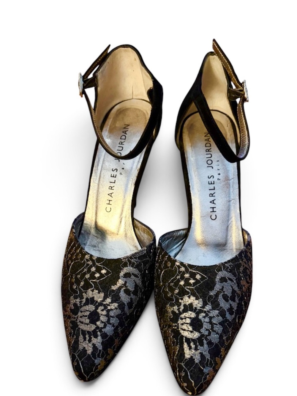 Charles Jourdan Black & Silver Lace Pointy Ankle-Strap Heels w/Rhinestone Buckle